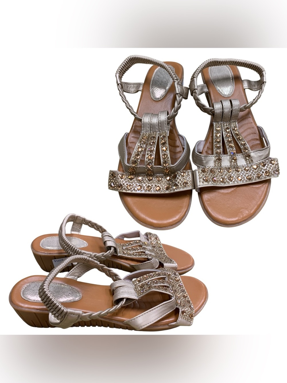 Embellished Metallic Silver T-Strap Sandals S9